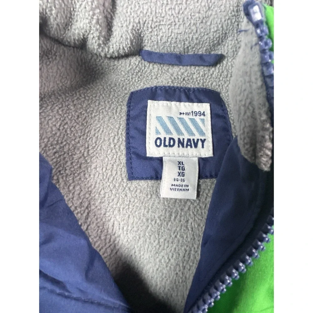 Old Navy Boys Youth XL 14-16 Puffer Vest Green Navy Blue Full Zip Fleece Lined